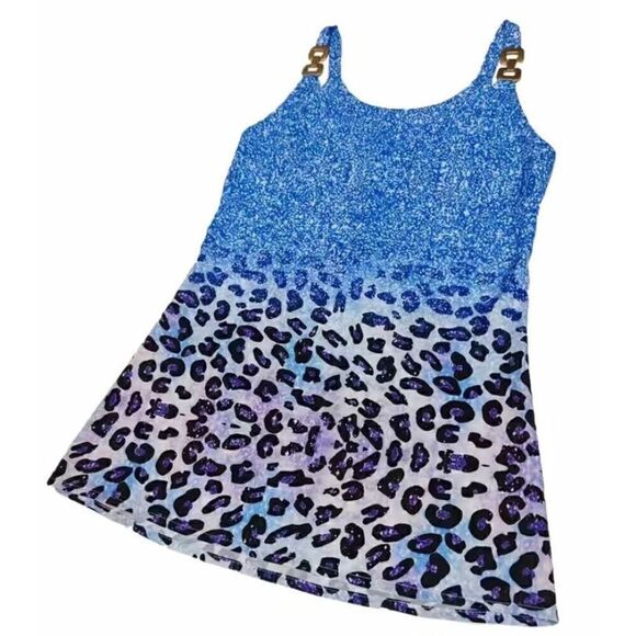 NEW SZ L Woman’s Blue Marble Leopard Print Chain Strap Blouse Top - Picture 3 of 5